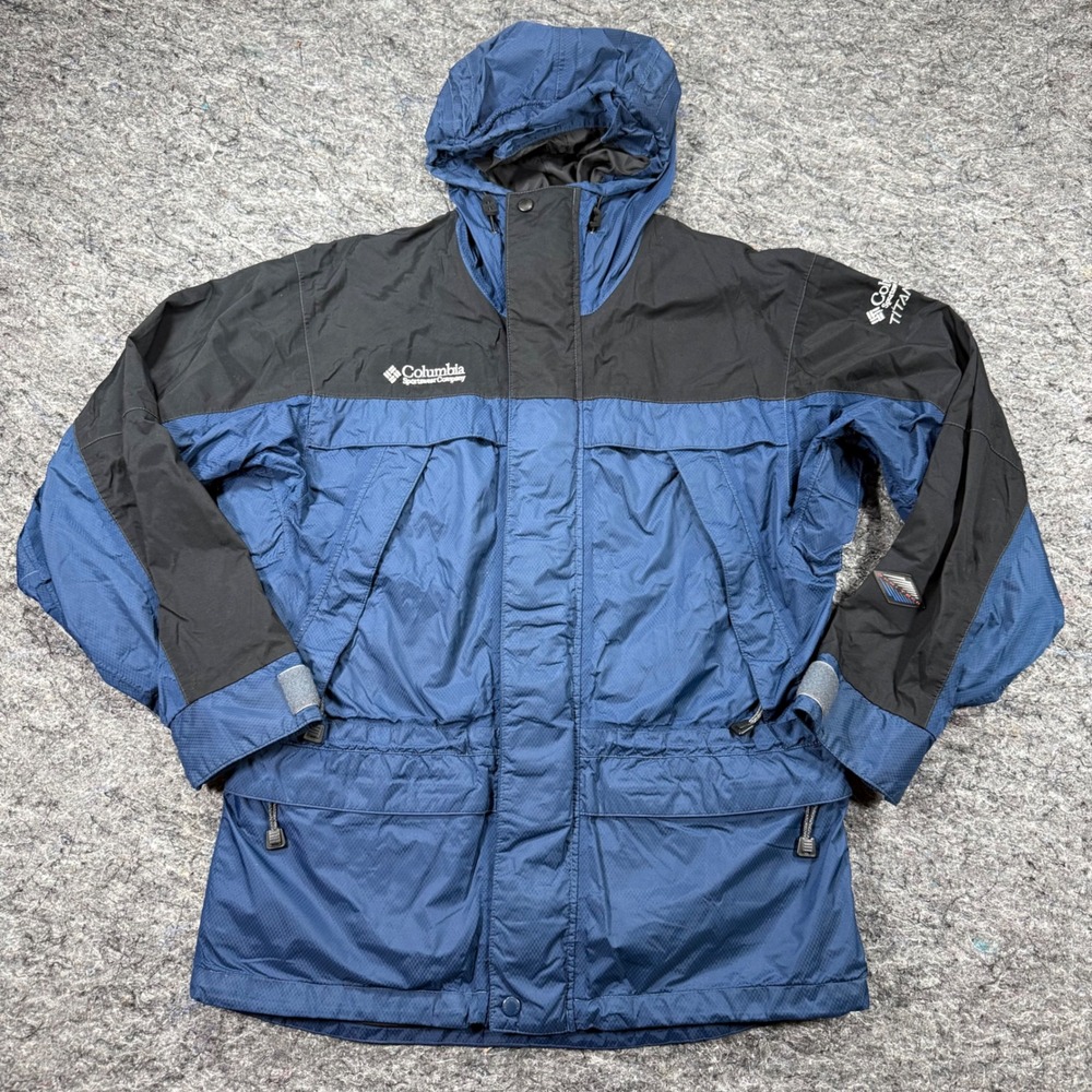 Columbia Titanium Mens Small Blue Black Hooded Rain Jacket Shell RM2080